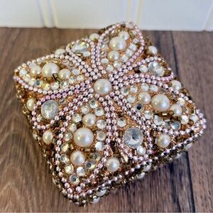 Beaded Rhinestone & Faux Pearl Floral Square Trinket Box Vanity Jewelry Pill Box